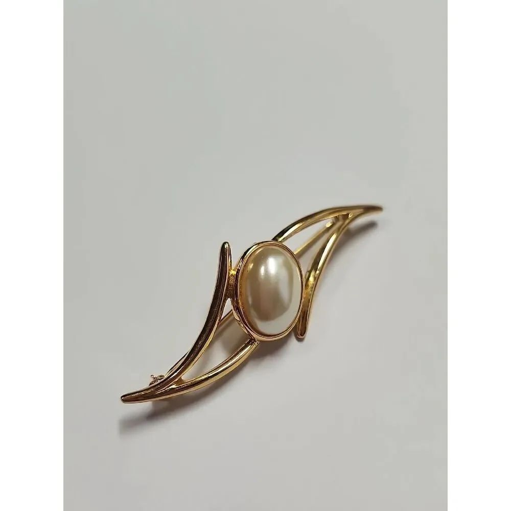 Napier Gold-Tone Faux Pearl Accent Brooch - Elegant Womens Jewelry